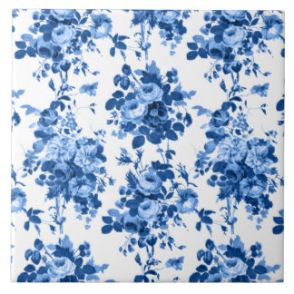 Romantic Antique Vintage Roses-Blue on White Tile