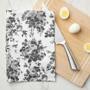 Romantic Antique Vintage Roses-Grey on White Kitchen Towel