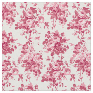 Romantic Antique Vintage Roses-Pink on White Fabric