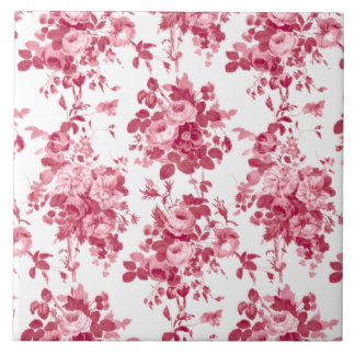 Romantic Antique Vintage Roses-Pink on White Tile