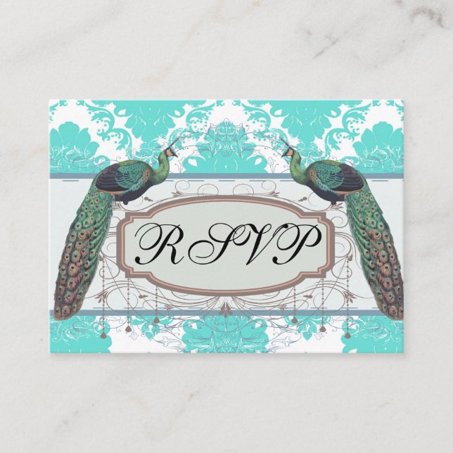 romantic aqua blue white damask design enclosure card (Front)