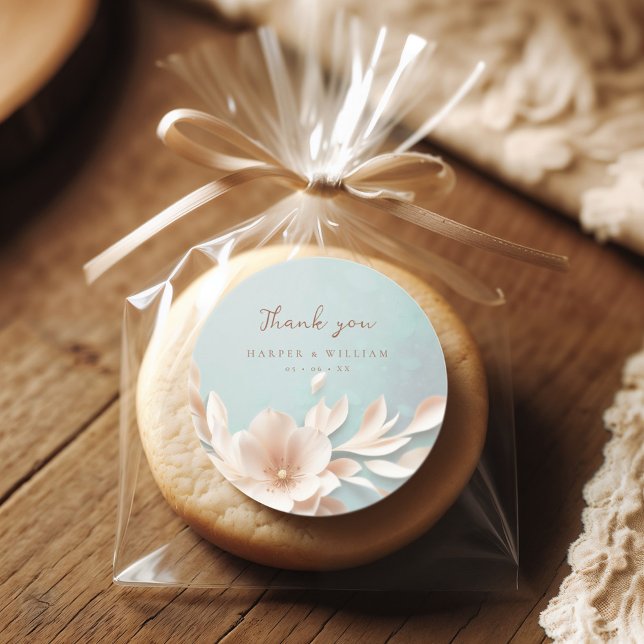 Romantic aqua floral wedding thank you classic round sticker (blush blue with pink floral sticker)