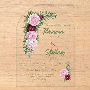 Romantic Arch Merlot Pink Peony Botanical Wedding Acrylic Invitations