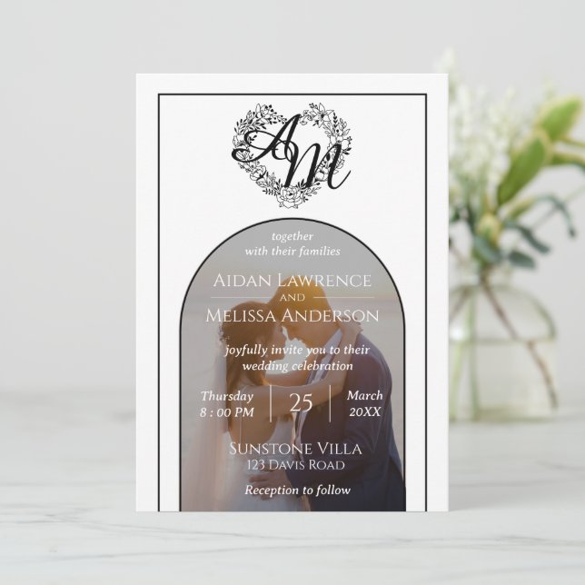 Romantic Arch Style Photo Black and white wedding Invitation (Standing Front)