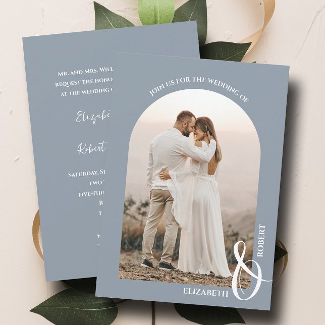 Romantic Arched Photo Dusty Blue Wedding Invitation (Creator Uploaded)