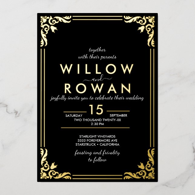 Romantic Art Deco Gold & Black Foil Invitation (Front)