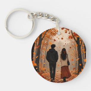 Romantic Autumn Couple Keychain   Fall Leaves Coup