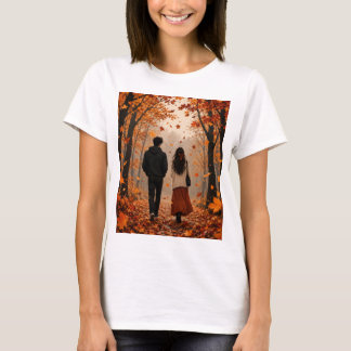 Romantic Autumn Couple T-Shirt | Cozy Fall Leaves