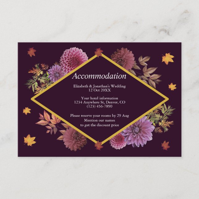 Romantic Autumn Dahlia Wedding Accommodation Enclosure Card (Front)
