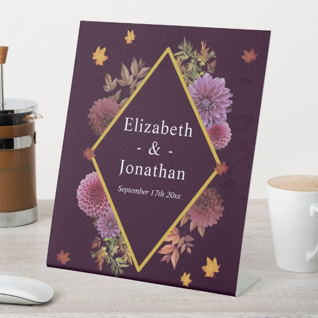Romantic Autumn Dahlia Wedding Pedestal Sign (In SItu)