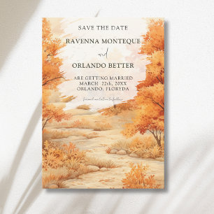 Romantic Autumn Forest Path Leaves Fall Wedding Save The Date
