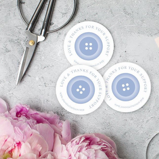 Romantic Baby Blue Button Love & Thank  Classic Round Sticker (Romantic Baby Blue Button Love & Thanks Quote Classic Round Sticker for Support Small Business.)