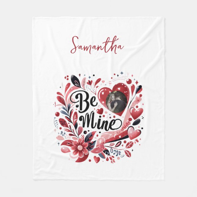 Romantic "Be Mine" Quote Photo Red Heart Bohemian Fleece Blanket (Front)