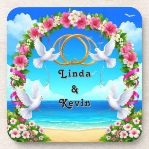Romantic Beach Ocean Scene with Floral Arch Coaster