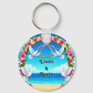 Romantic Beach Ocean Scene with Floral Arch Keychain