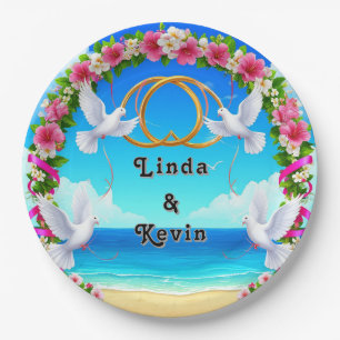 Romantic Beach Ocean Scene with Floral Arch Paper Plate