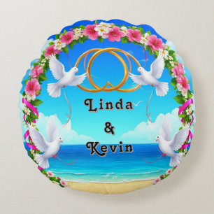 Romantic Beach Ocean Scene with Floral Arch Round Pillow
