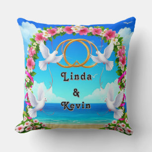 Romantic Beach Ocean Scene with Floral Arch Throw Pillow