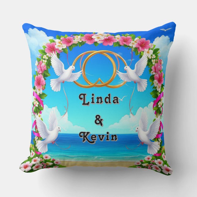 Romantic Beach Ocean Scene with Floral Arch Throw Pillow (Front)
