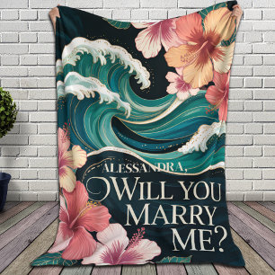 Romantic Beach Proposal Tropical Wave Floral Fleece Blanket