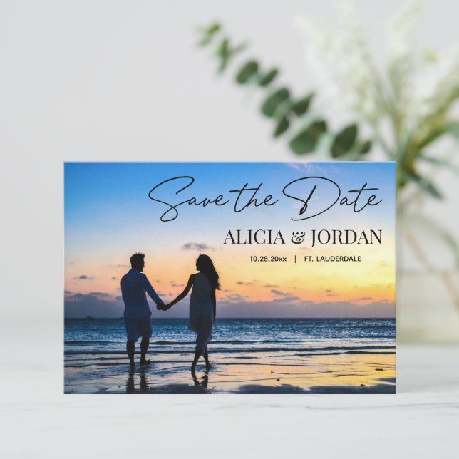 Romantic Beach Sunset Photo Save the Date Card (Standing Front)