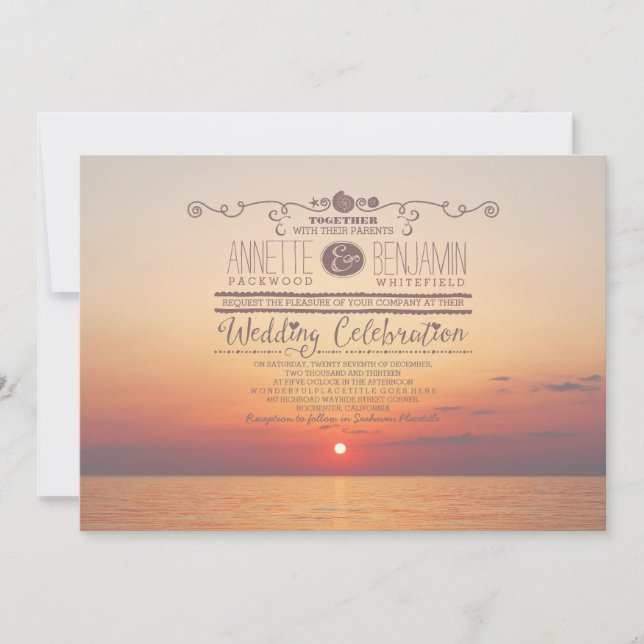 romantic beach sunset sea wedding invitation (Front)