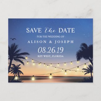 Romantic Beach Sunset String Lights Save the Date Announcement Postcard