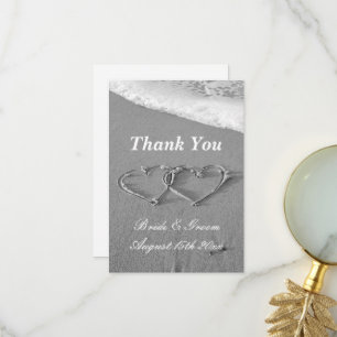 Romantic beach wedding sandy heart drawing thank you card