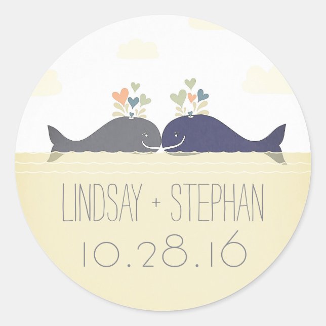 Romantic beach wedding stickers with whale couple (Front)