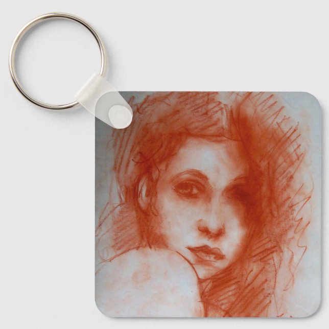 ROMANTIC BEAUTY / Woman Portrait in Sepia Brown Keychain (Front)