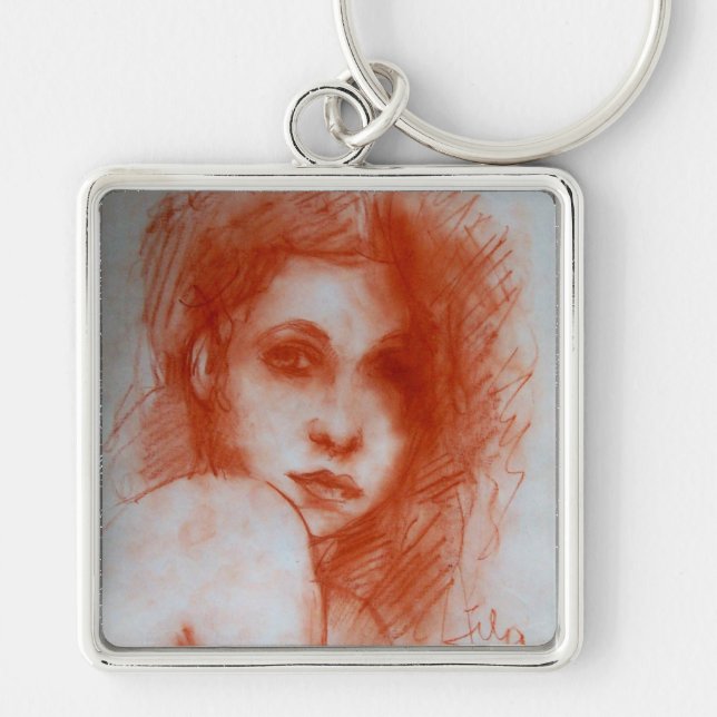 ROMANTIC BEAUTY / Woman Portrait in Sepia Brown Keychain (Front)