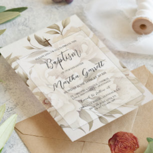 Romantic Beige Peonies Floral Vintage Girl Baptism Invitation
