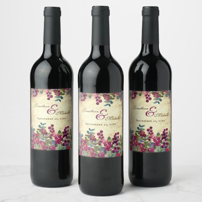 Romantic Berries and Greenery Garden Wedding Wine Label (Bottles)