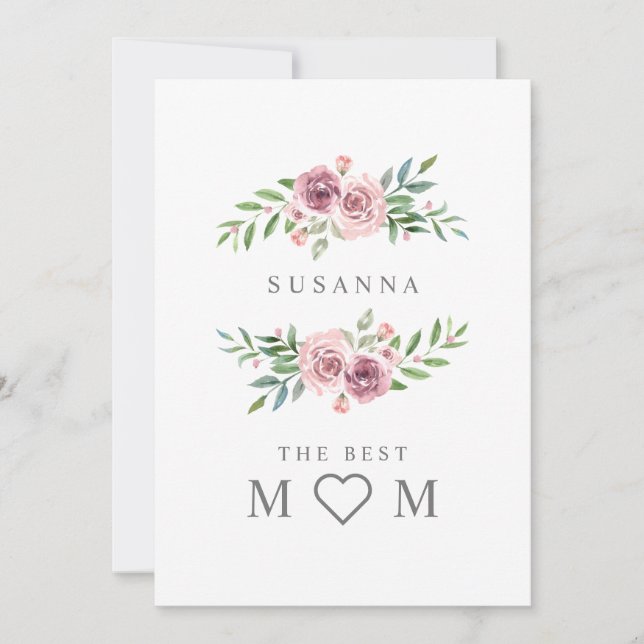 Romantic Best Mom Floral Wreath Monogram in Pink Holiday Card (Front)