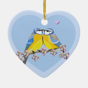 Romantic bird pair, Cyanistes Caeruleus Ceramic Ornament