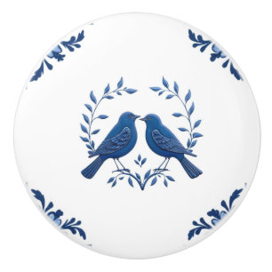 Romantic Bird Pair Delft Blue White Floral Corner Ceramic Knob