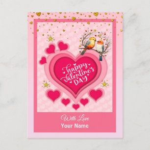 Romantic Birds on Branch Valentine's Day and Heart Holiday Postcard
