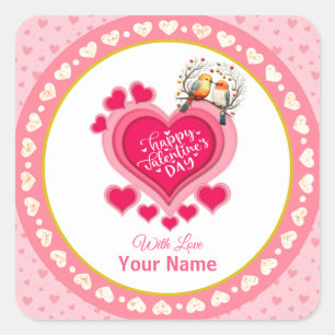 Romantic Birds on Branch Valentine's Day and Heart Square Sticker