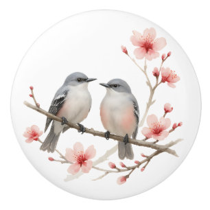 Romantic Birds on Cherry Blossom Branch Watercolor Ceramic Knob