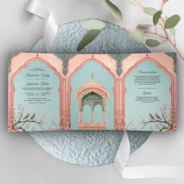 Romantic Birds Pink Gazebo Indian Palace Wedding Tri-Fold Invitation (Creator Uploaded)