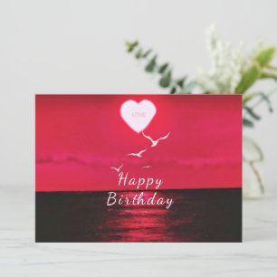 Romantic Birthday Card Red Sea Sunset Love Heart