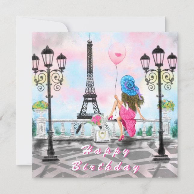Romantic Birthday Card Woman In Paris Eiffel Tower (Front)