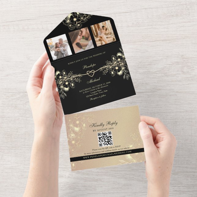 Romantic Black and Gold Wedding All In One Invitation (Tearaway)