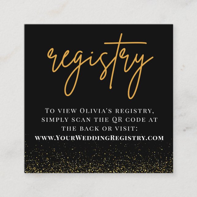 Romantic Black and Gold Wedding QR Code Registry Enclosure Card (Front)