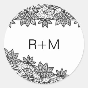 Romantic Black and White Lace Wedding Monogram Classic Round Sticker