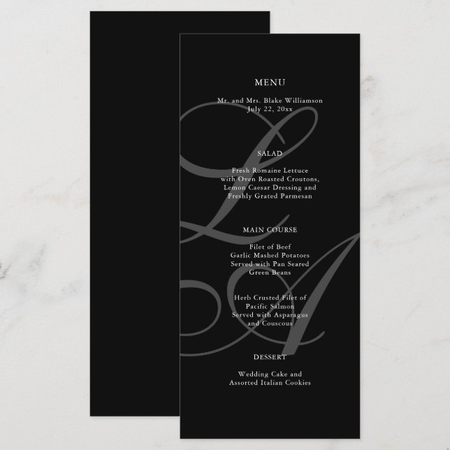 Romantic Black and White Monogram Wedding Menu (Front/Back)