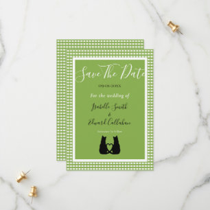 Romantic Black Cat Couple Green Gingham Pattern Save The Date
