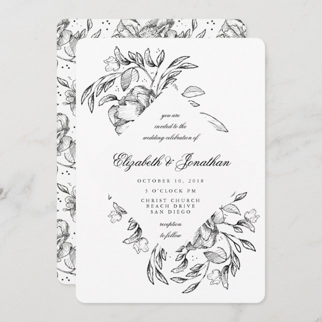 Romantic Black Floral Sketch Wedding Invitation (Front/Back)
