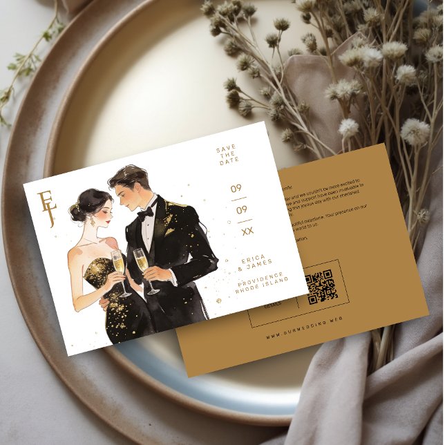 Romantic Black & Gold Couple Wedding Design Save The Date (Elegant Black & Gold Couple Illustration Wedding Save the Date Card with QR Code on Back. )