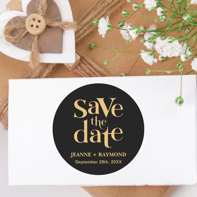 Romantic Black Gold Custom Wedding Save the Date Classic Round Sticker (Romantic black and gold sticker adds personalized charm to memorable wedding announcements.)